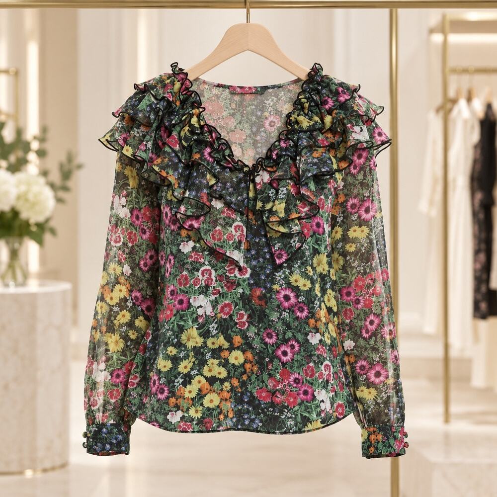 Ted Baker London Amell Frilled CottageCore Boho Hippie Coquette Floral Blouse